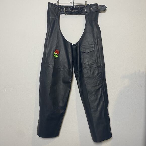 Women's Genuine Leather Black Motorcycle Riding XL Chaps Biker Pocket Rose Rodeo - Picture 1 of 14